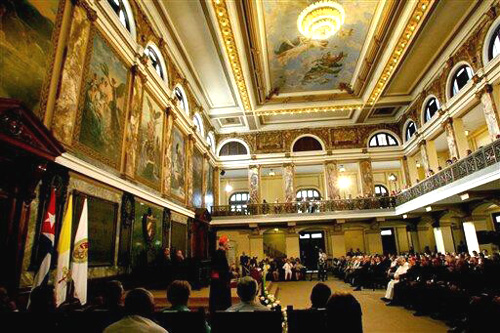 Cardinal Bertone delivering a speech to the University of Habana